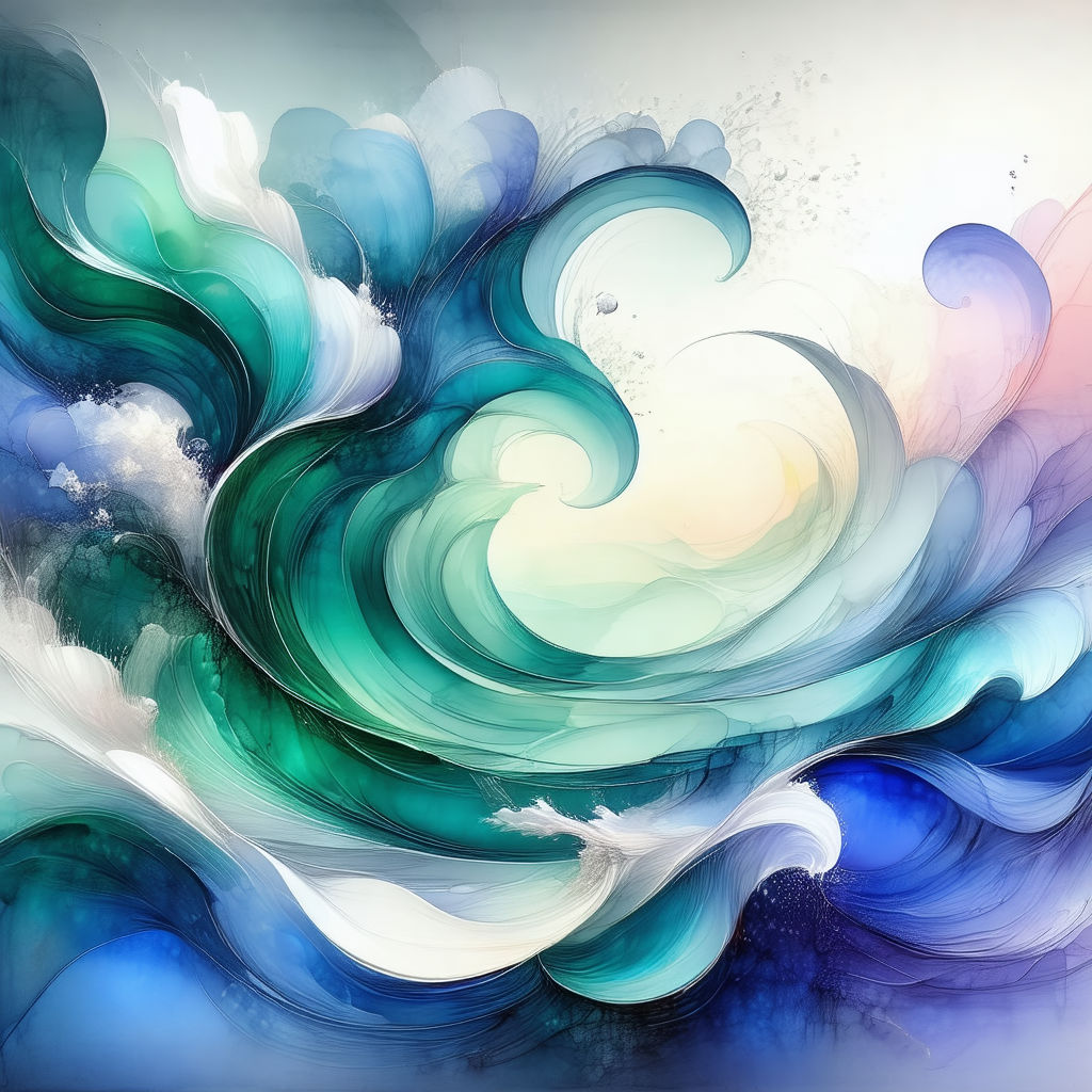 Painting of a wave, featuring a mix of blue and green colors