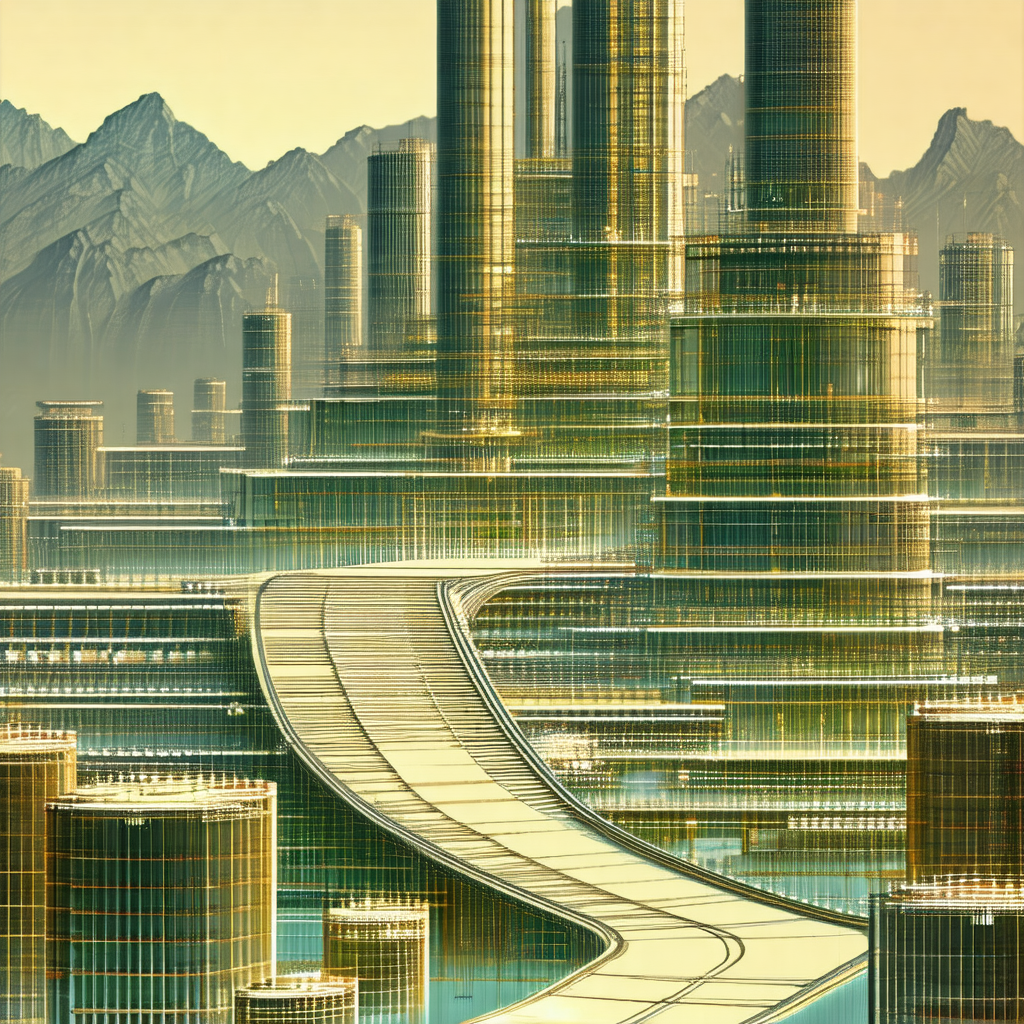 Painting of a futuristic city with a large number of skys...