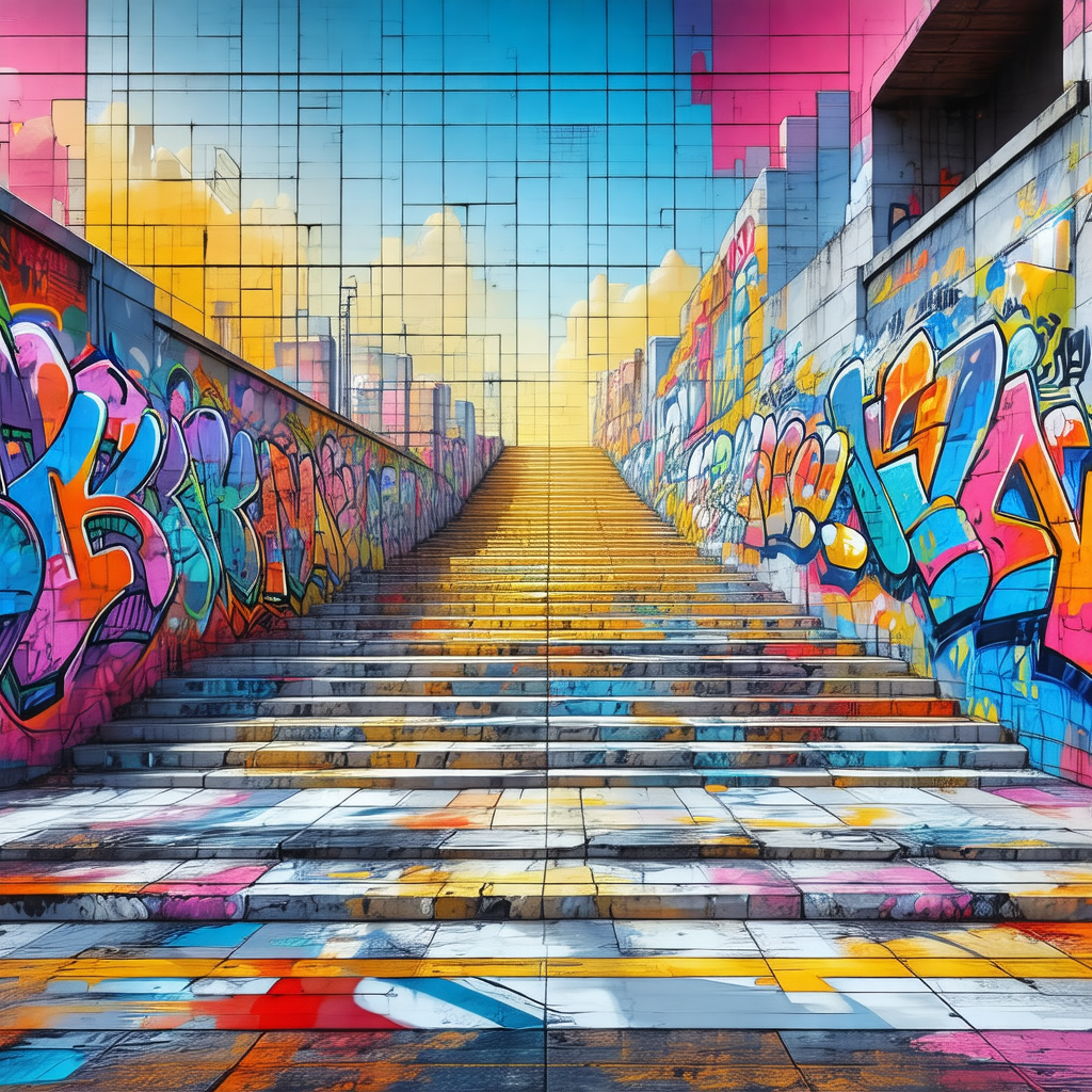 Colorful staircase with a vibrant mural painted on the wall