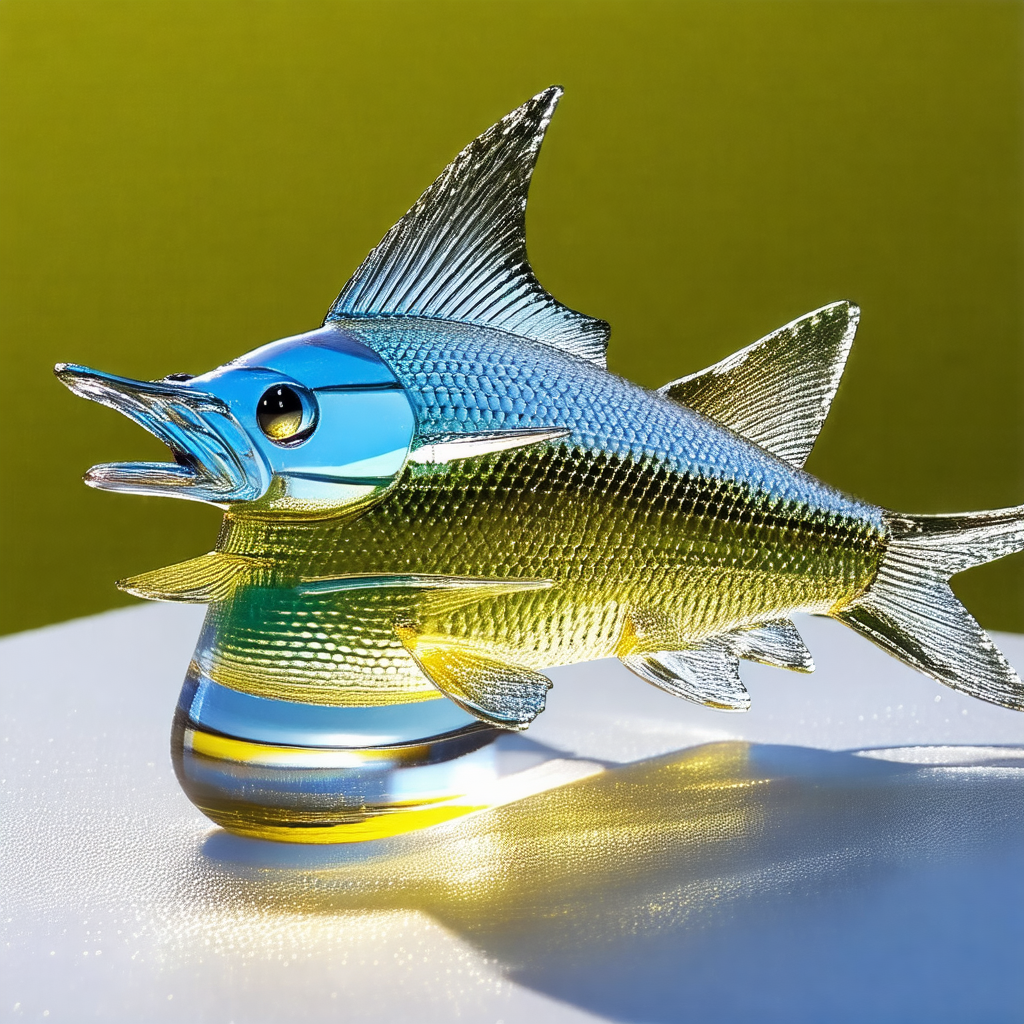 Large fish sculpture made of glass, placed on a white table