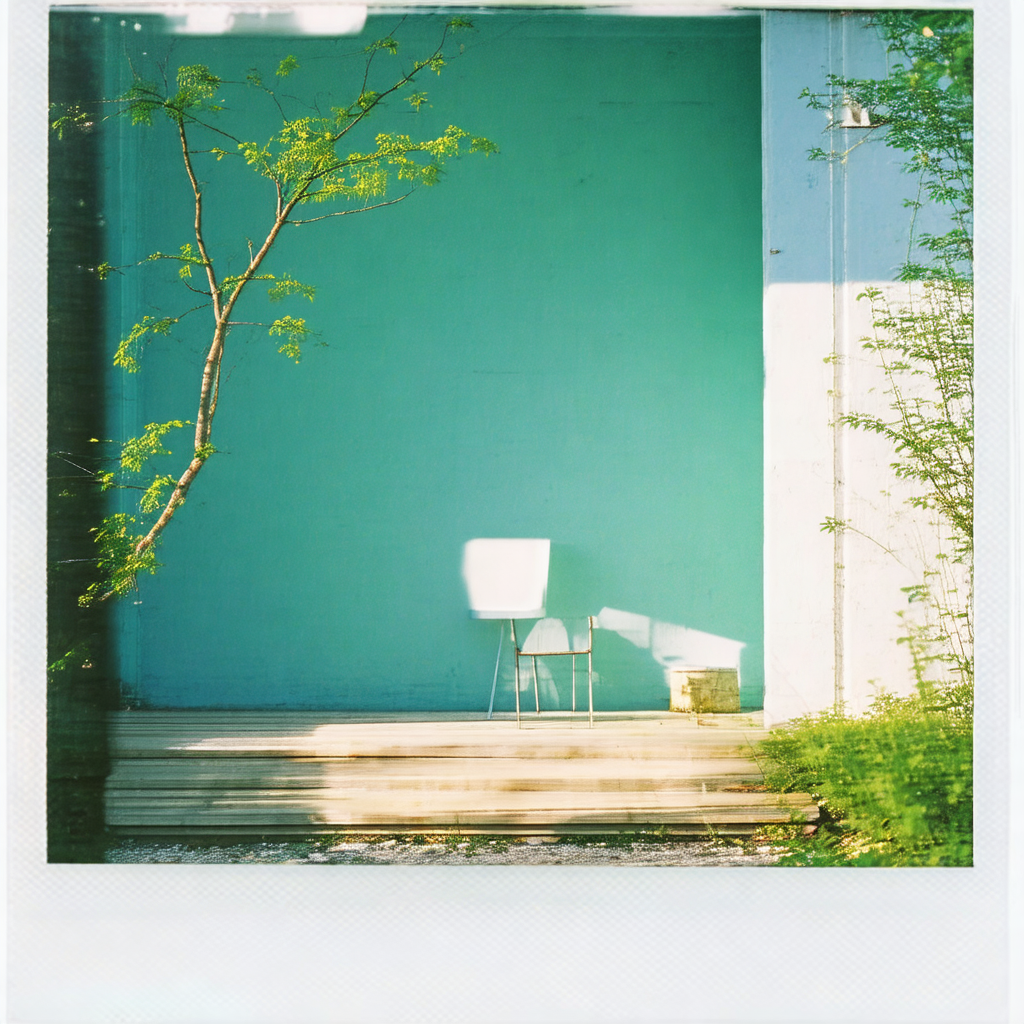 White chair placed on a wooden deck, with a blue wall in ...