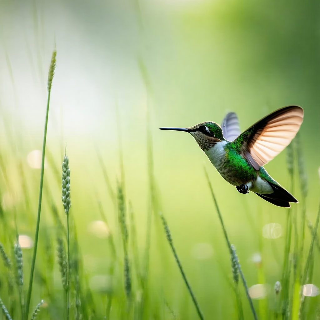 Green and white hummingbird hovering in the air above a f...