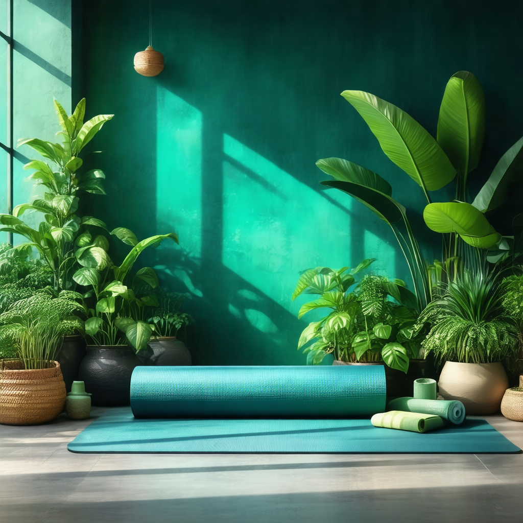 Room with a blue wall and a green floor