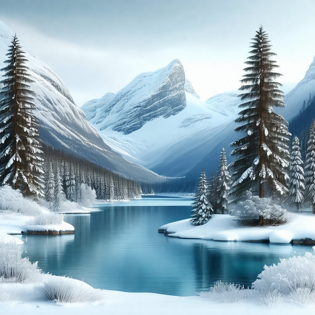 Serene mountain lake surrounded by snow-covered evergreen...
