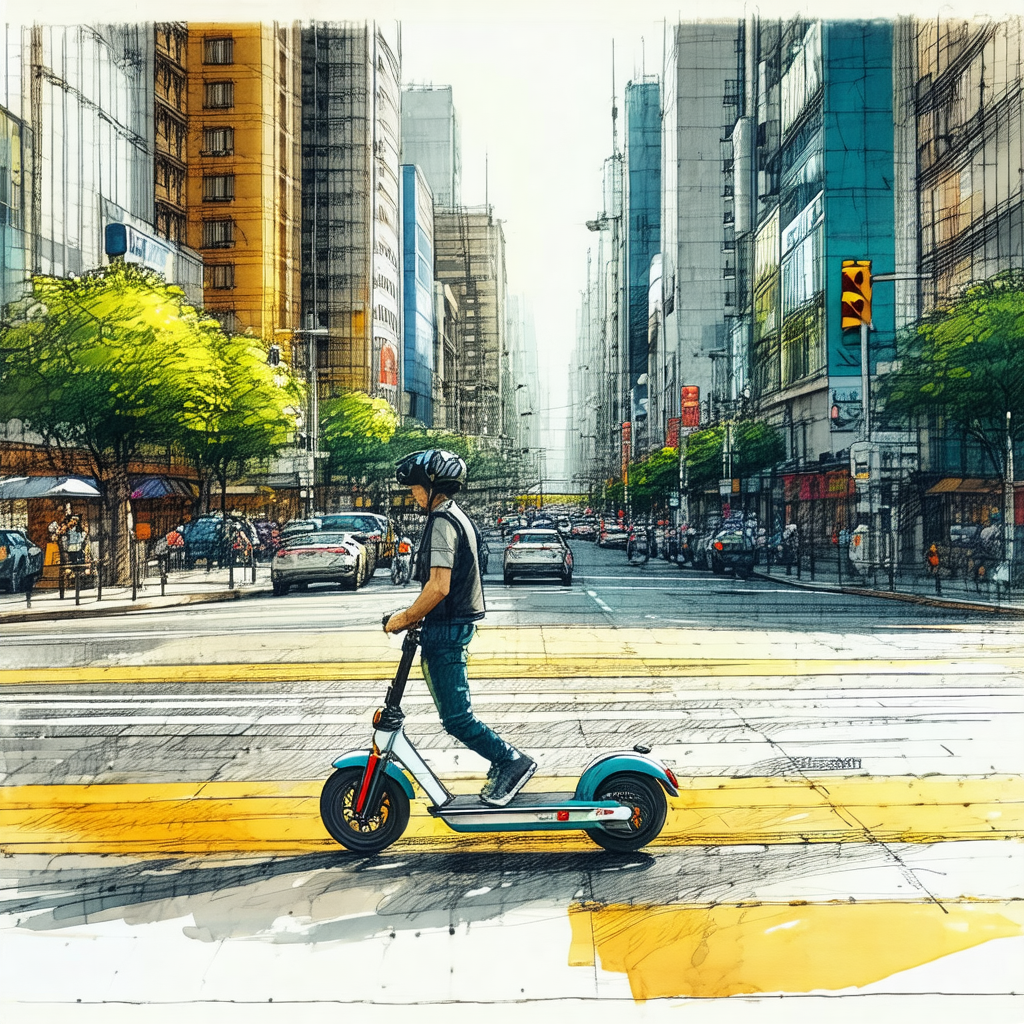 Colorful drawing of a city street with a man riding a sco...