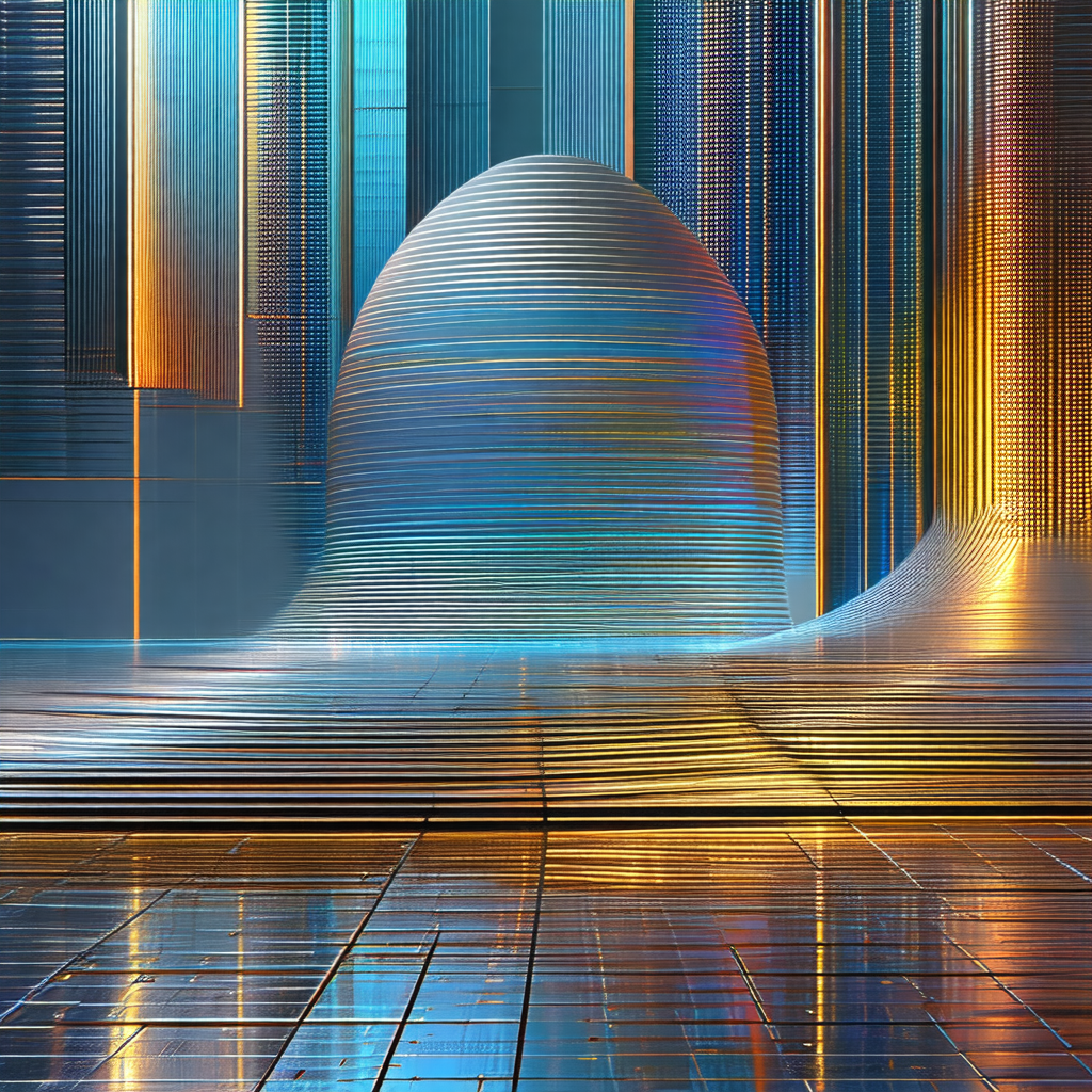 Futuristic cityscape with a large, curved building as the...