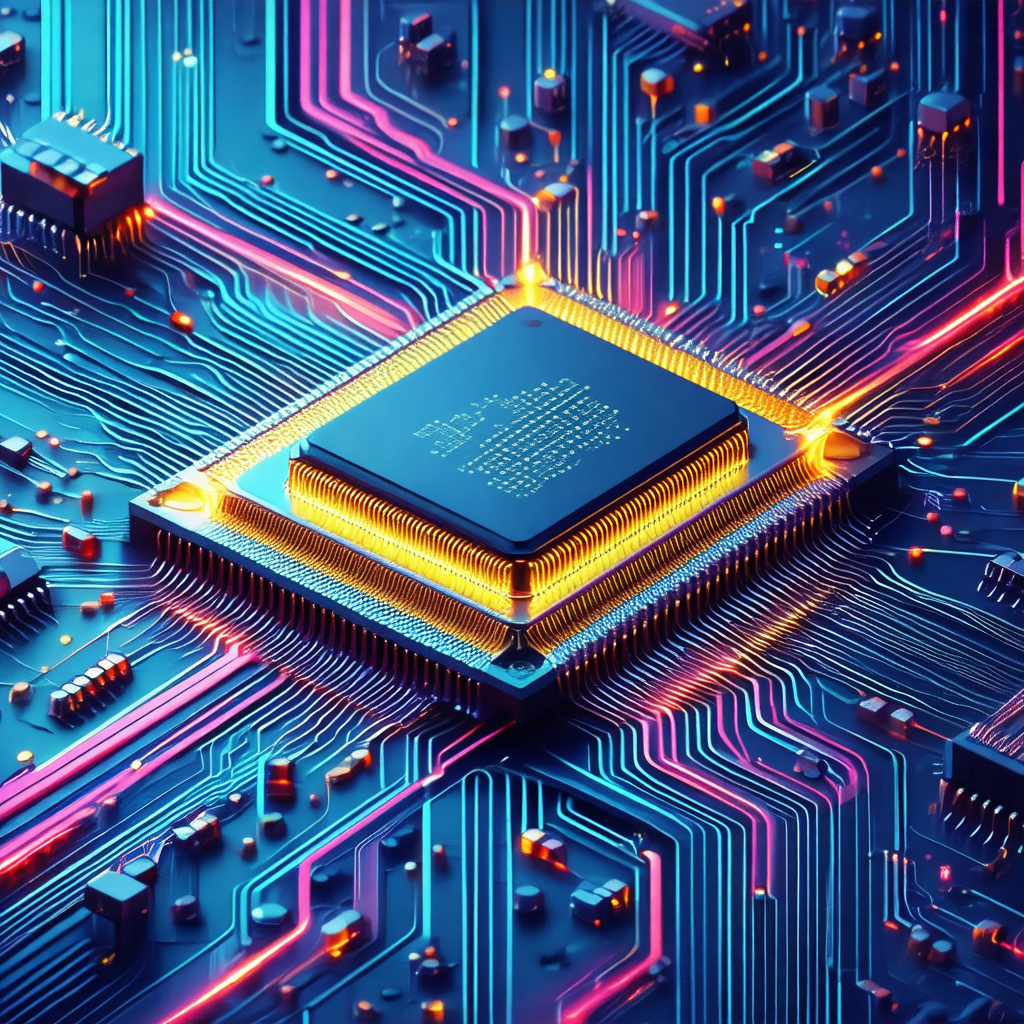 Close-up of a computer chip with a blue and yellow color ...