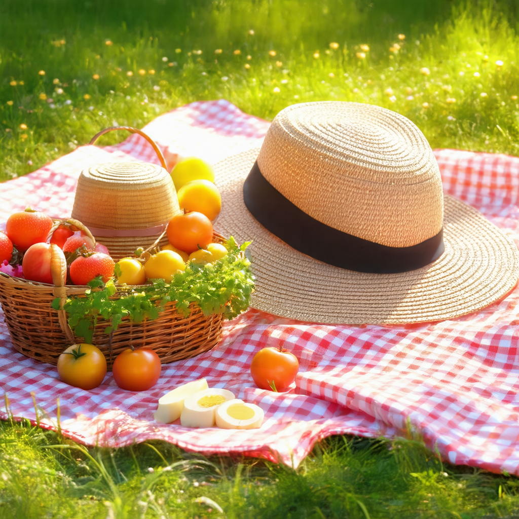 Picnic scene with a basket filled with various fruits and...