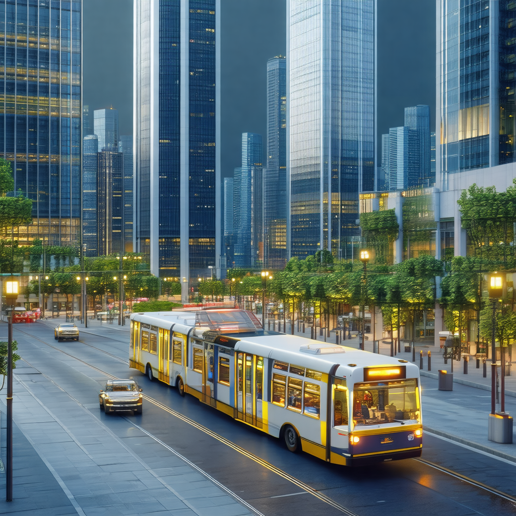 City street at night, with a yellow and white bus driving...