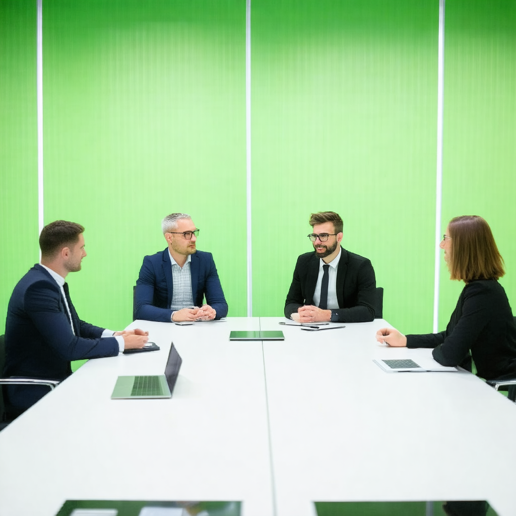 Group of people sitting around a white table, engaged in ...