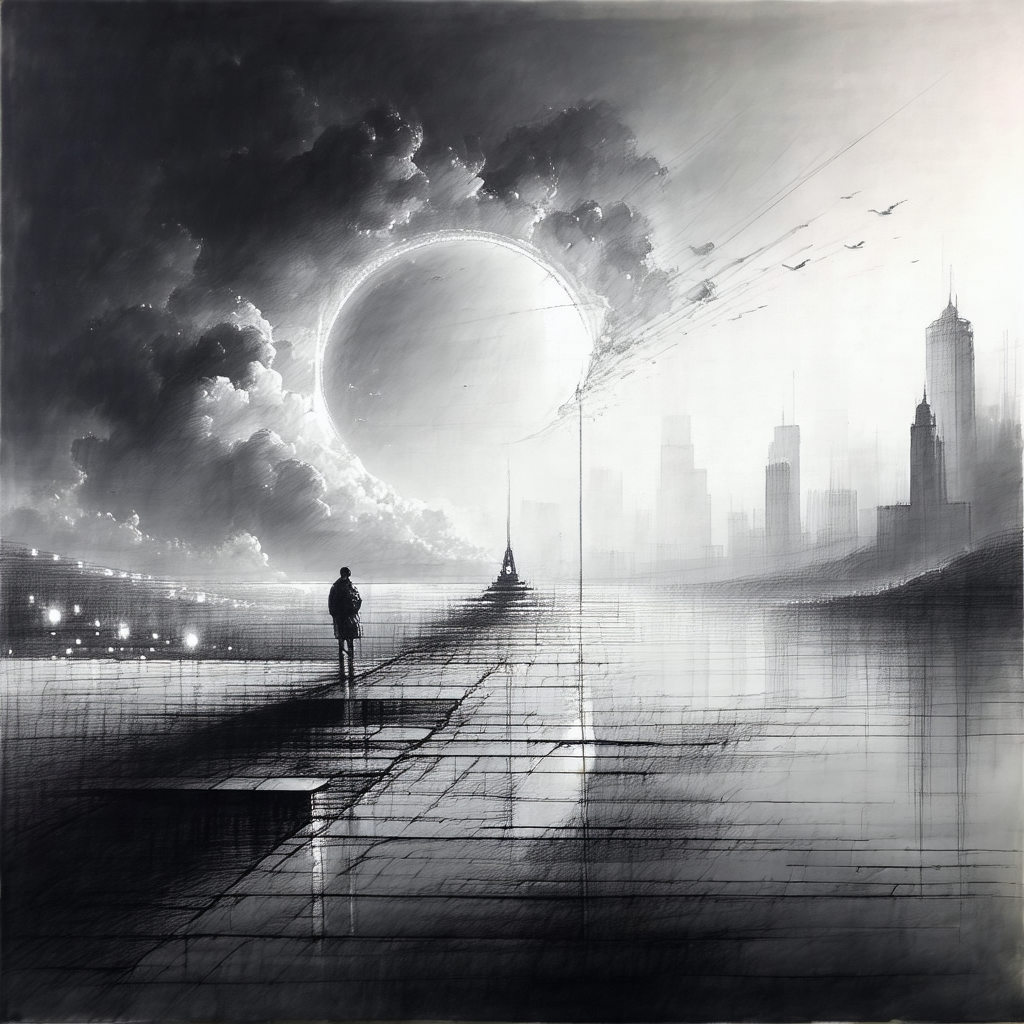 Black and white drawing of a cityscape at night