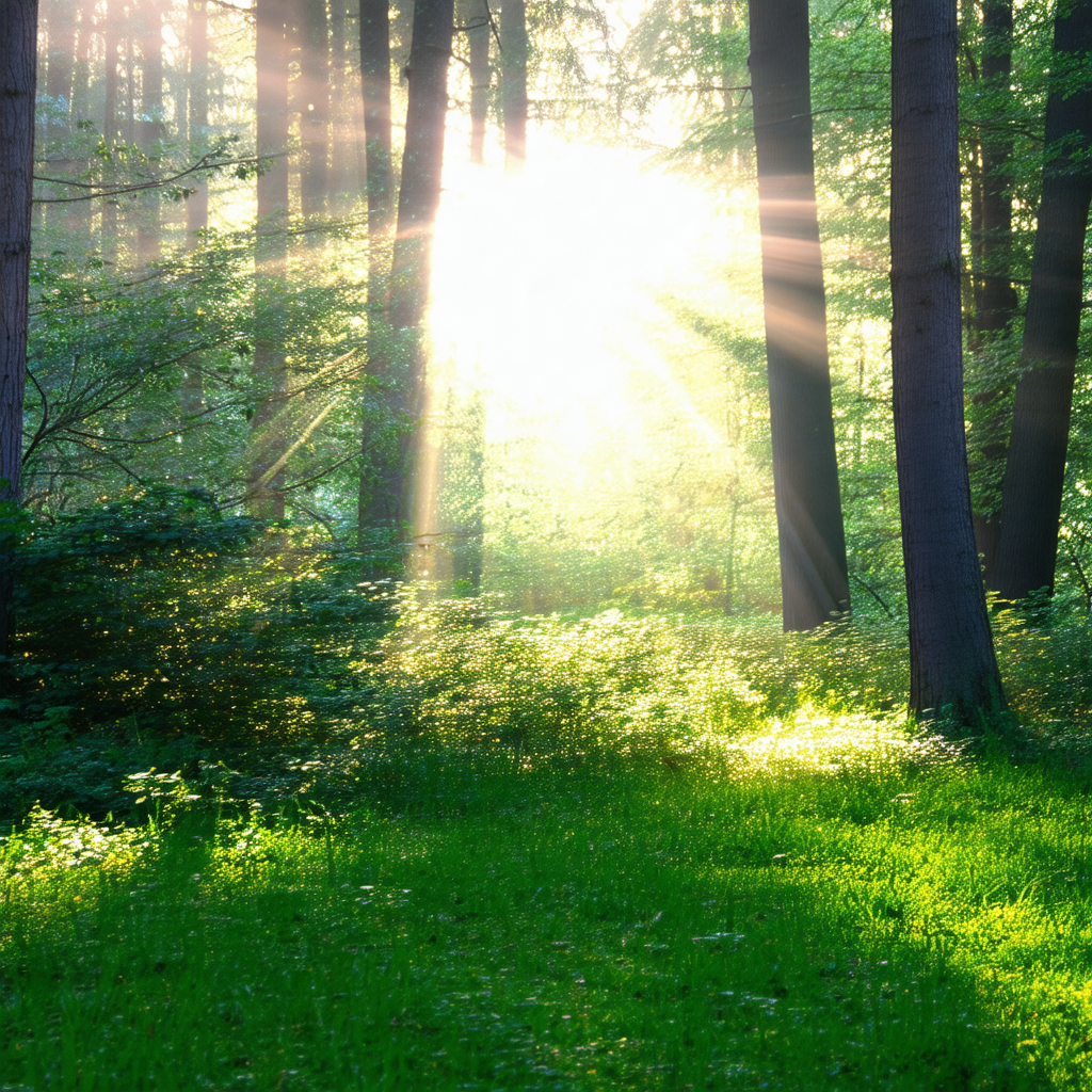 Serene forest scene with a bright sun shining through the...