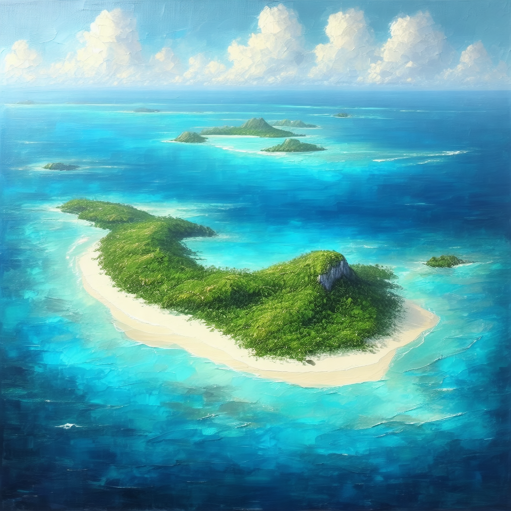 Painting of a tropical island with a sandy beach and a lu...
