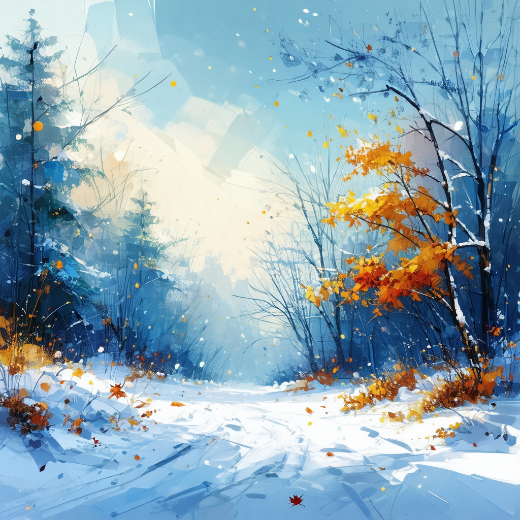 Painting of a snowy forest with a path leading through it