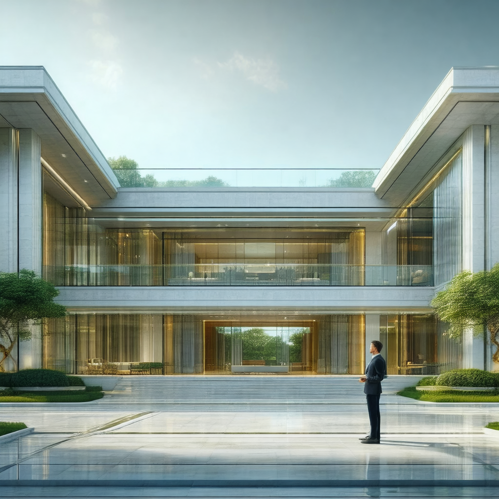 Large, modern building with a man standing in front of it