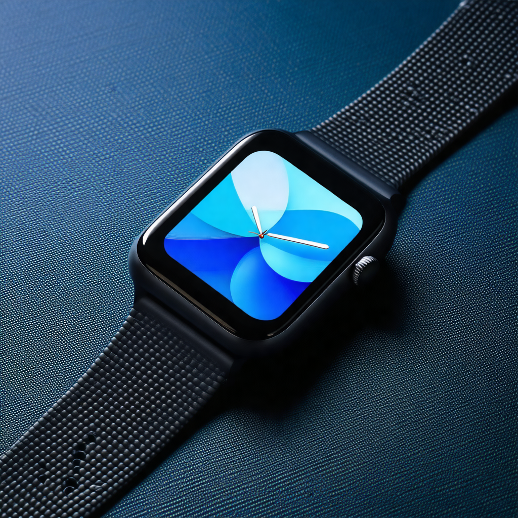 Close-up of a watch with a blue face and a black band