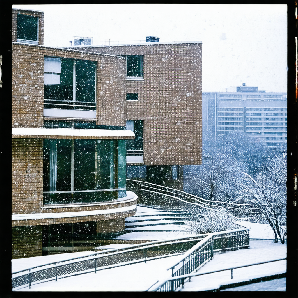 Snowy day in a city, with a large brick building as the m...