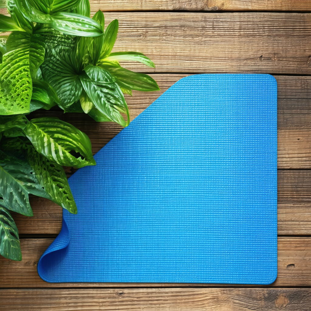 Blue yoga mat placed on a wooden table