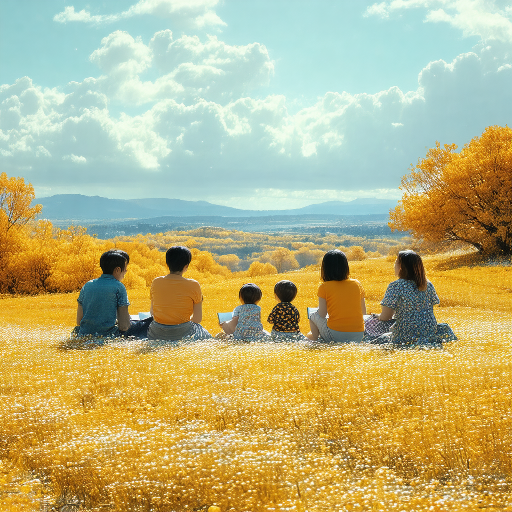 Group of people sitting in a field of tall, yellow grass