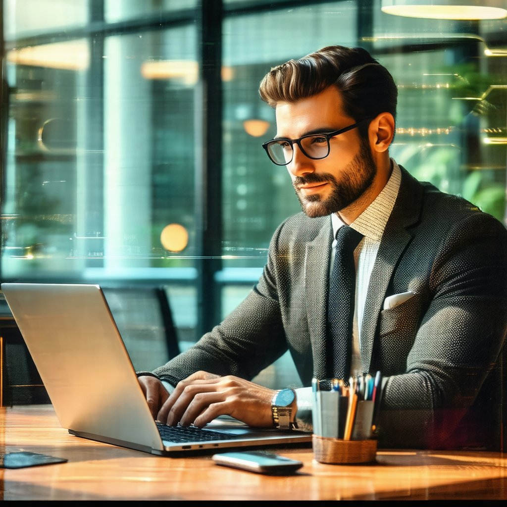 Man wearing a suit and tie, sitting at a desk and working...