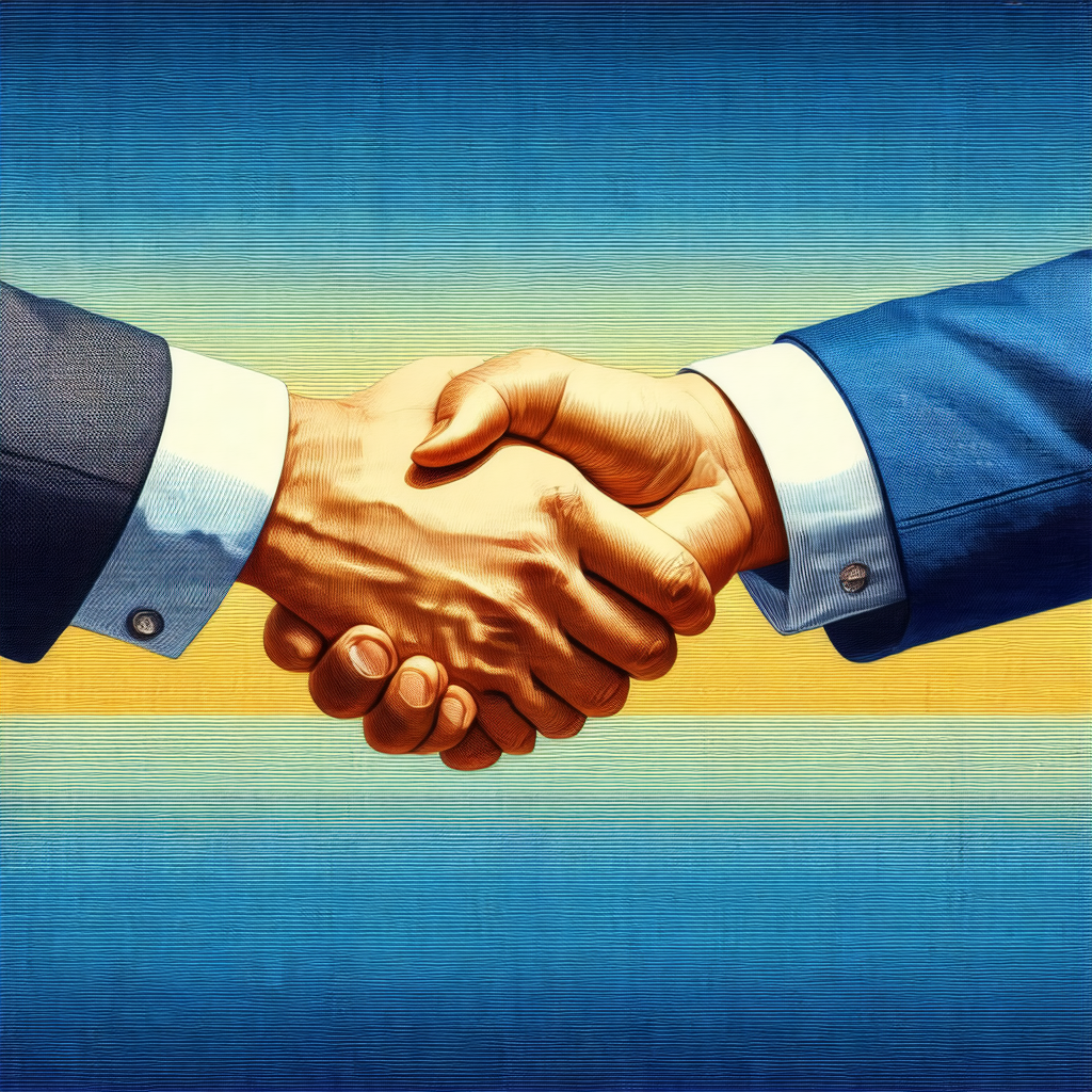 Two men are shaking hands in a blue and yellow room