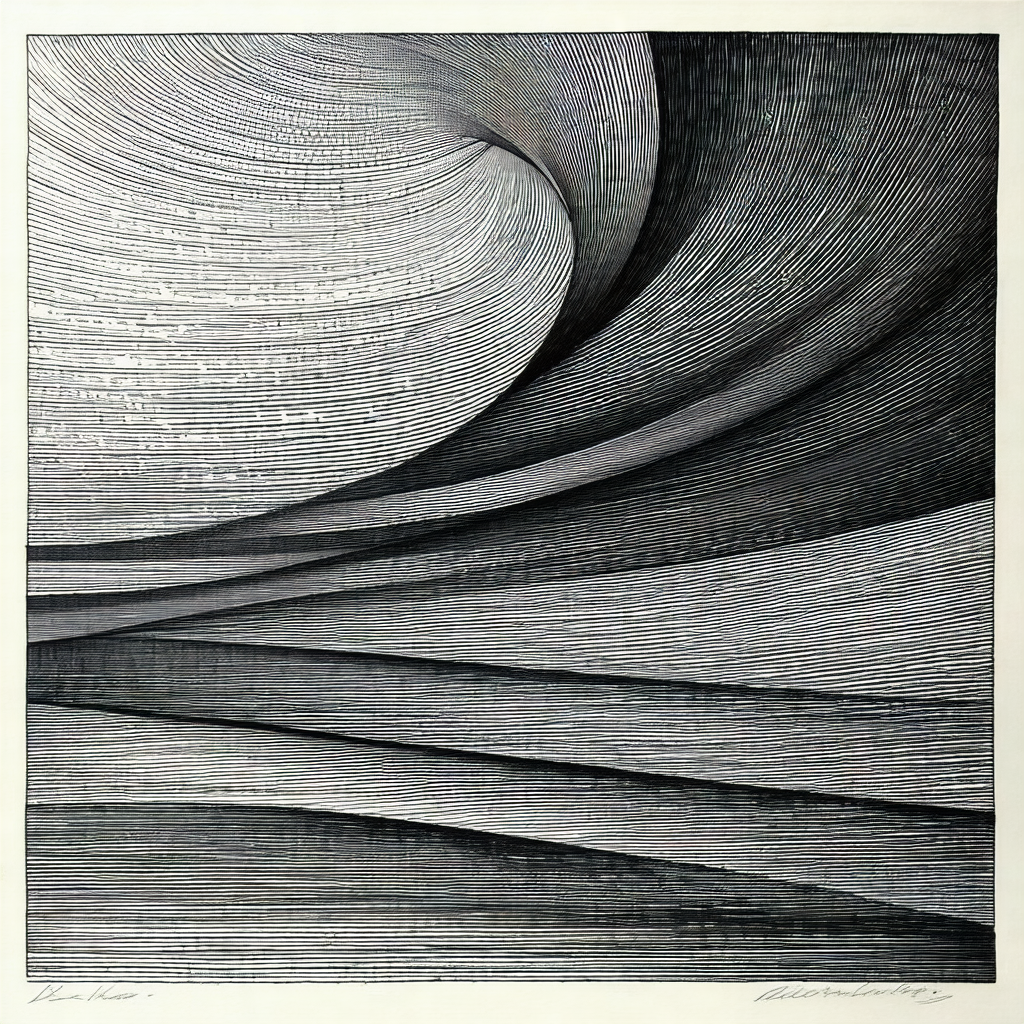 Black and white photograph of a spiral or wavy pattern