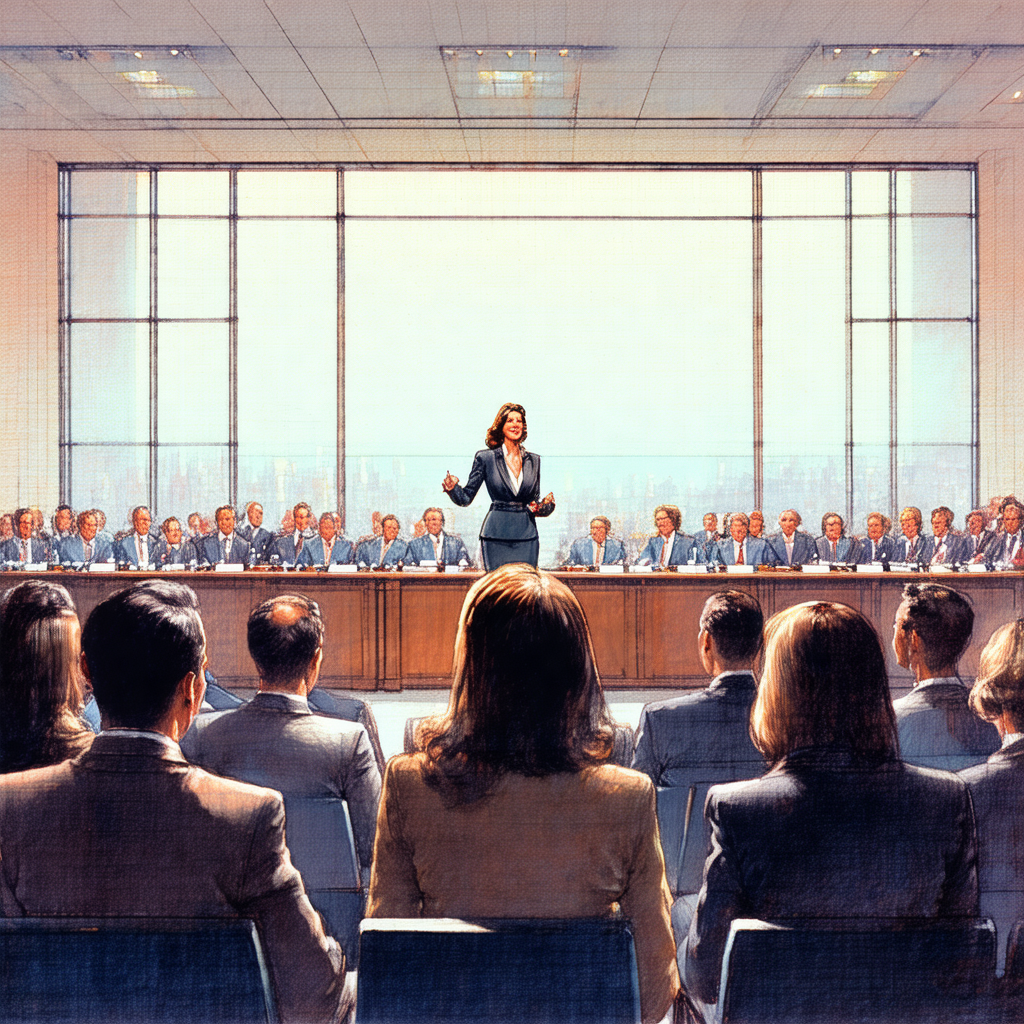 Painting of a woman standing in front of a large group of...