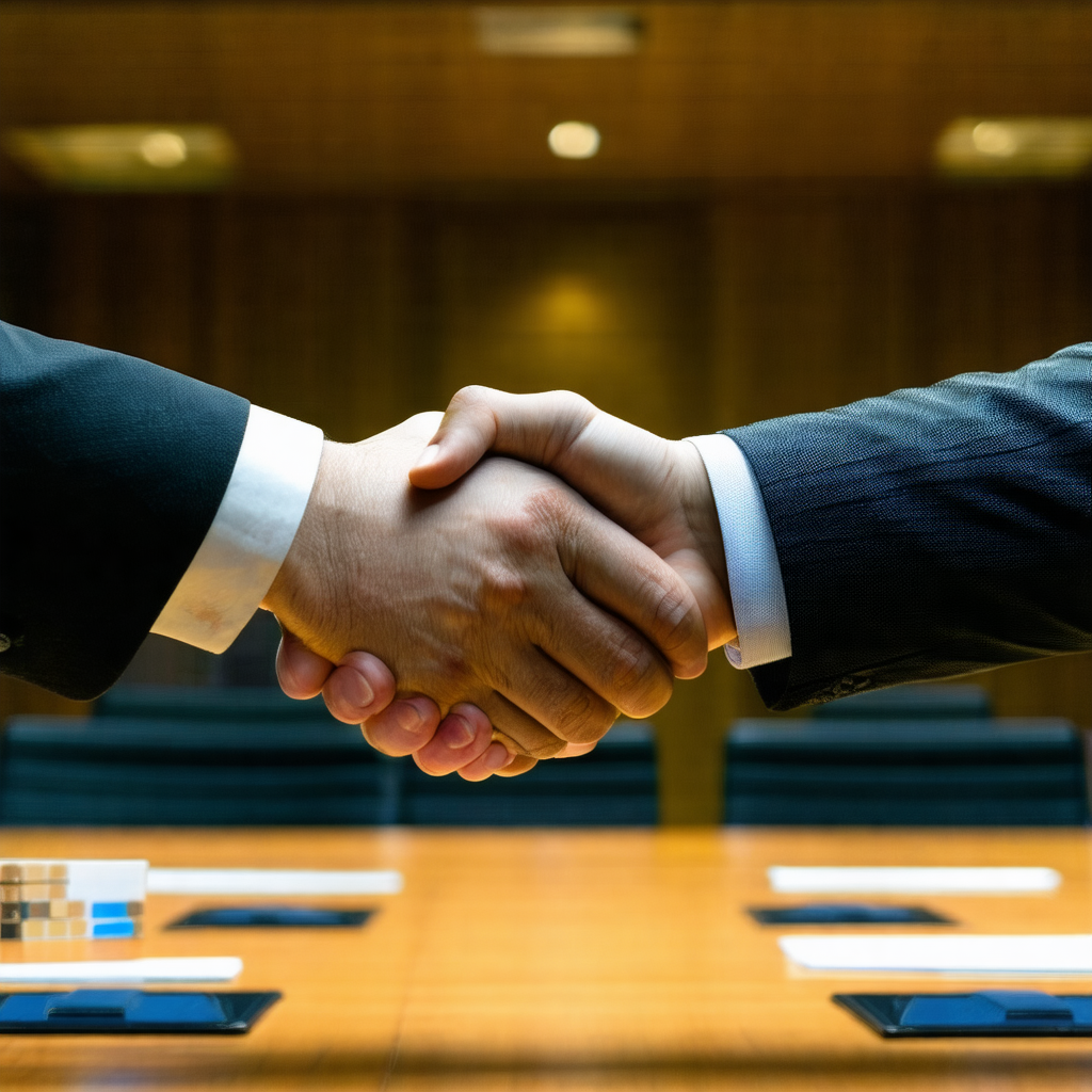 Two men shaking hands in a formal setting, likely a busin...