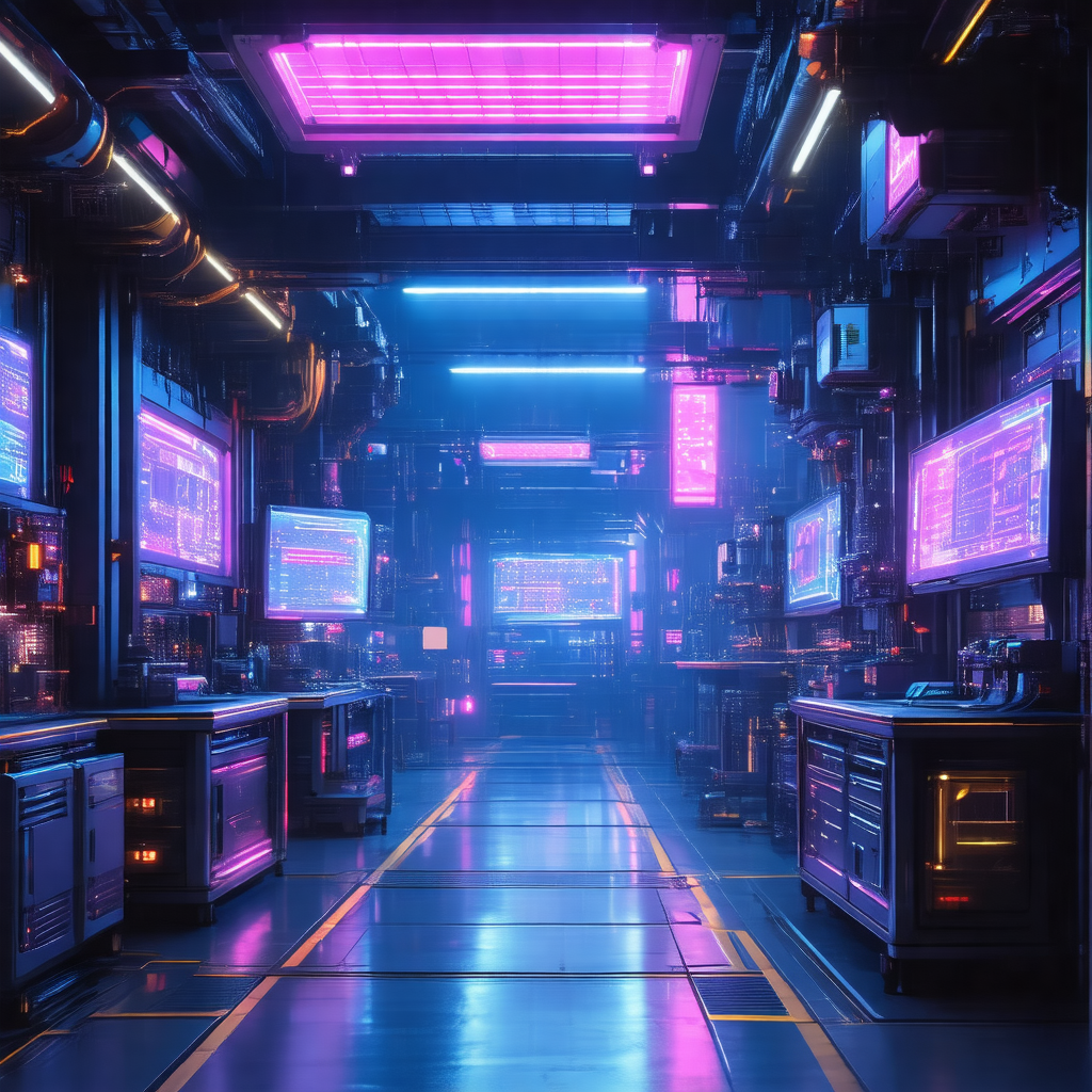 Futuristic setting with a long hallway filled with variou...