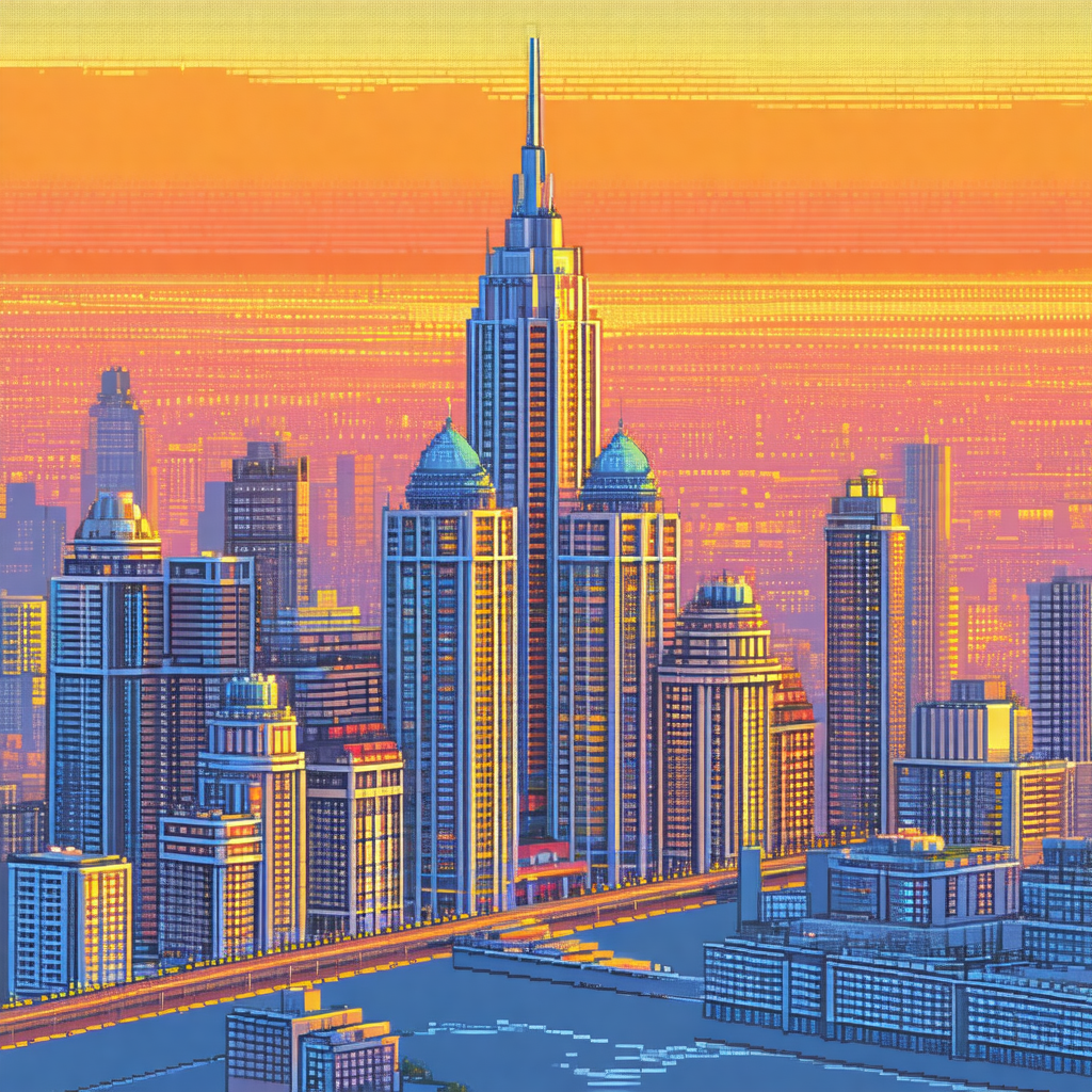 Colorful, computer-generated (cgi) drawing of a city skyline