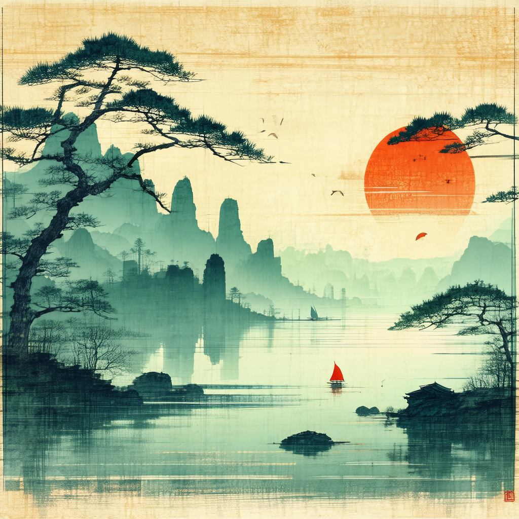 Serene scene of a red boat floating on a body of water, s...