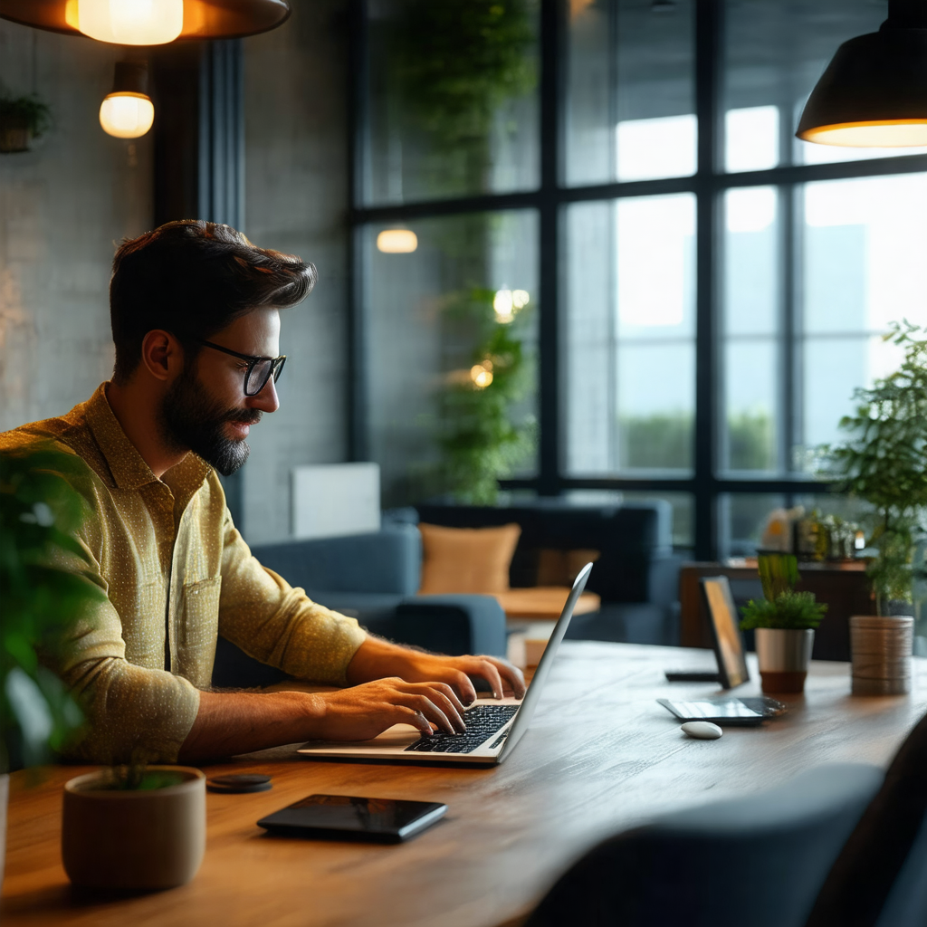 Man sitting at a wooden dining table, working on his laptop
