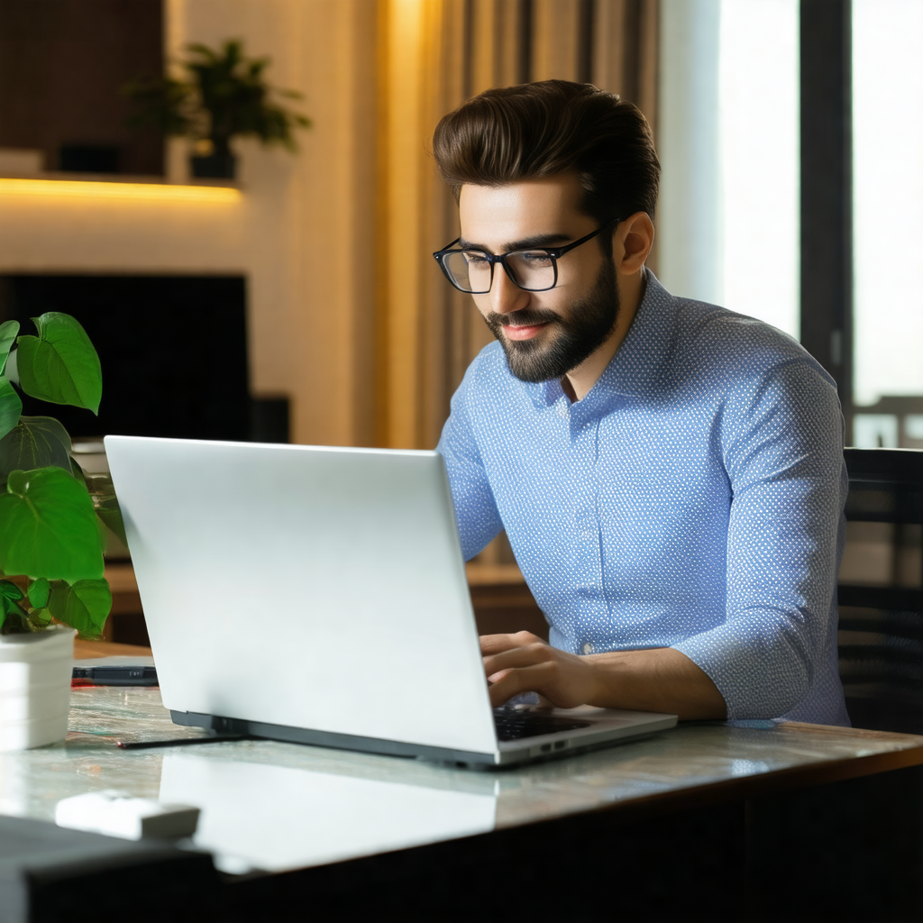 Man sitting at a desk, working on a laptop computer