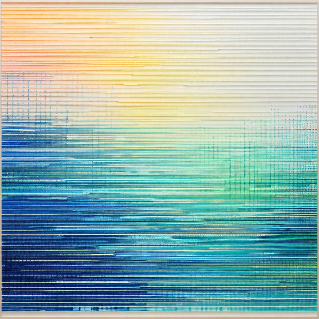 Painting of a blue ocean with a yellow sunset in the back...
