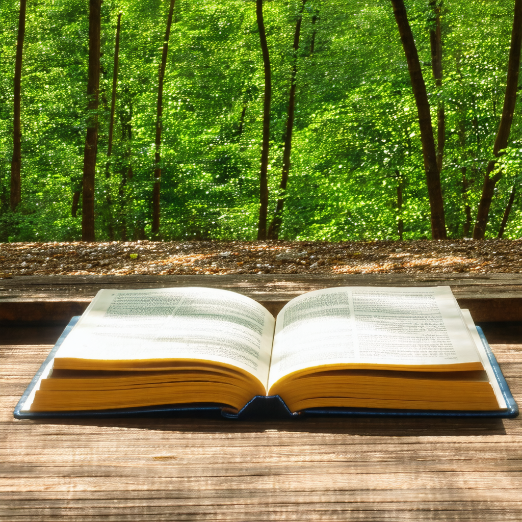 Book lying open on a wooden table, with a forest in the b...