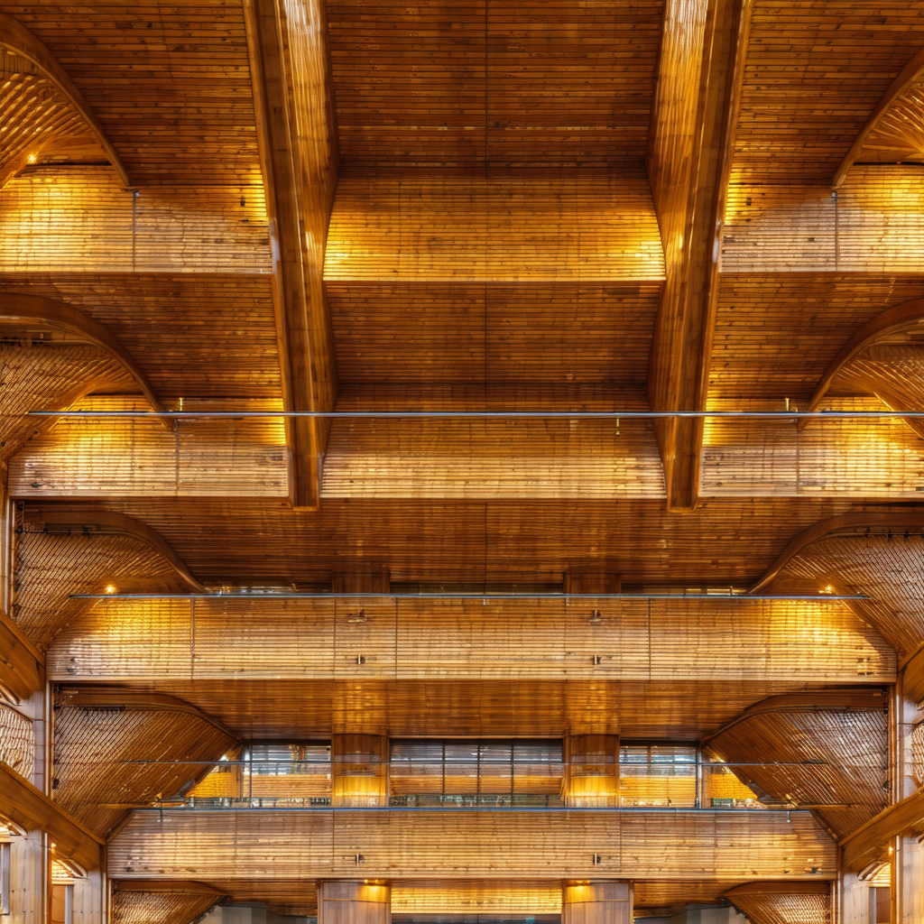 Large, open building with wooden beams and a high ceiling