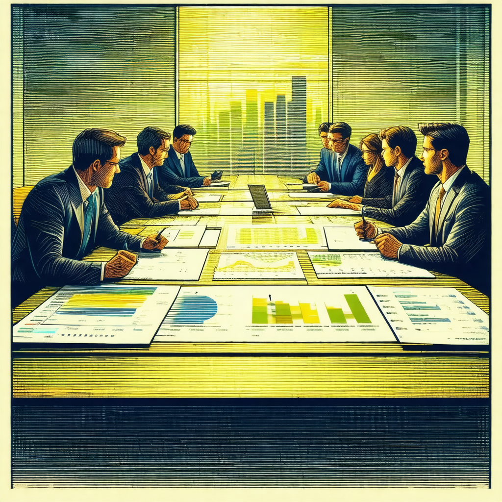 Group of business people sitting around a large conferenc...