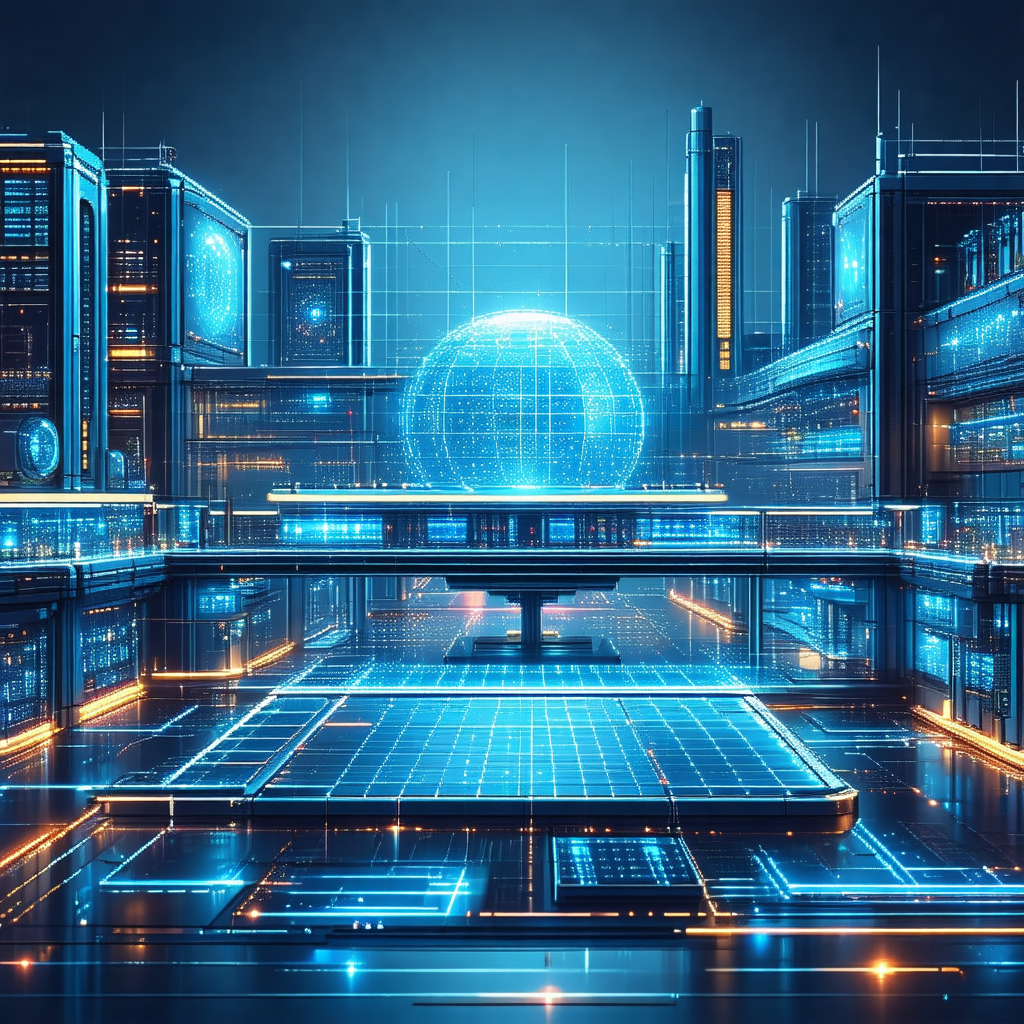 Futuristic cityscape with a large, blue, round object in ...