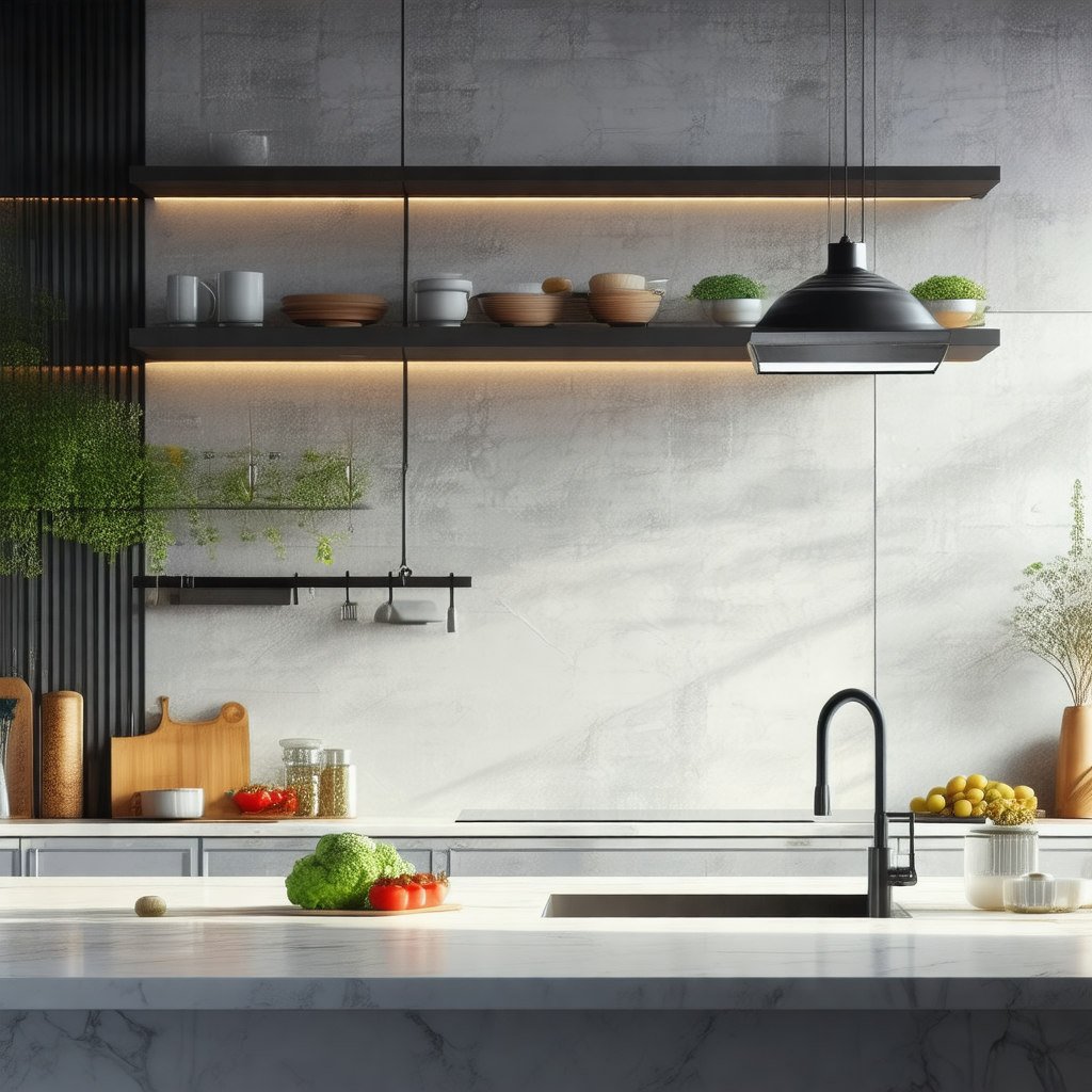 Large, modern kitchen with a white marble countertop