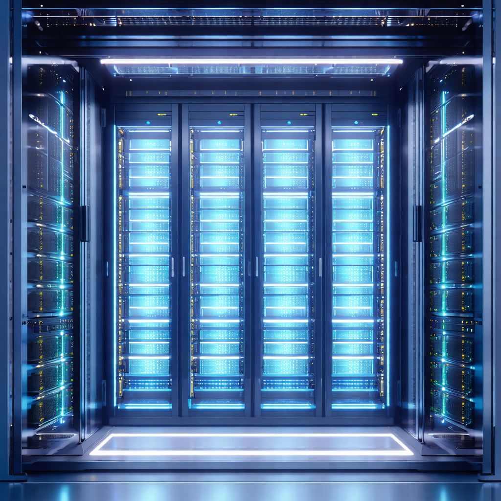 Large, blue-lit server room with a row of blue-lit servers