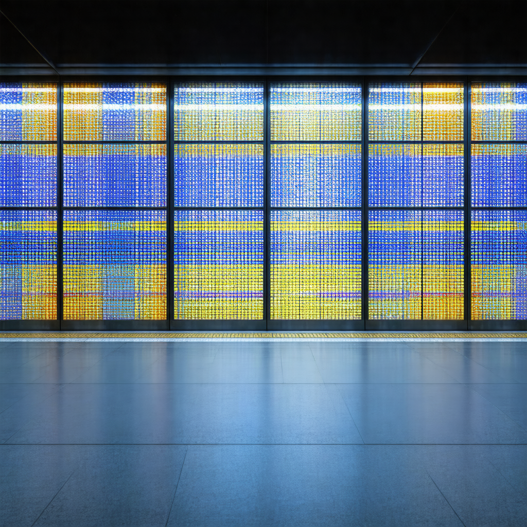 Large window with a blue and yellow tinted glass