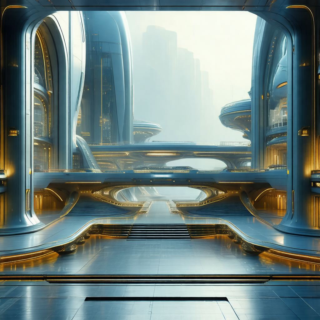 Futuristic cityscape with a large building in the center