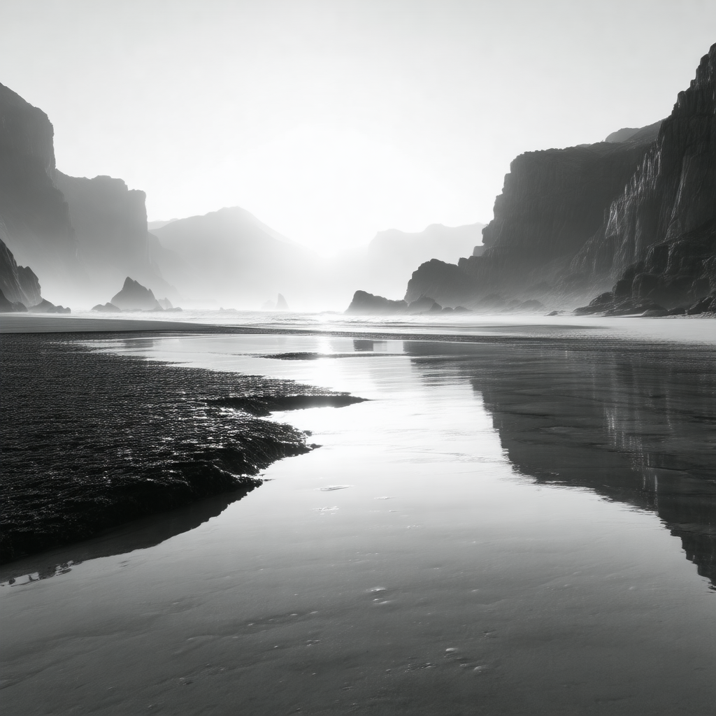 Black and white photo of a beach at sunset