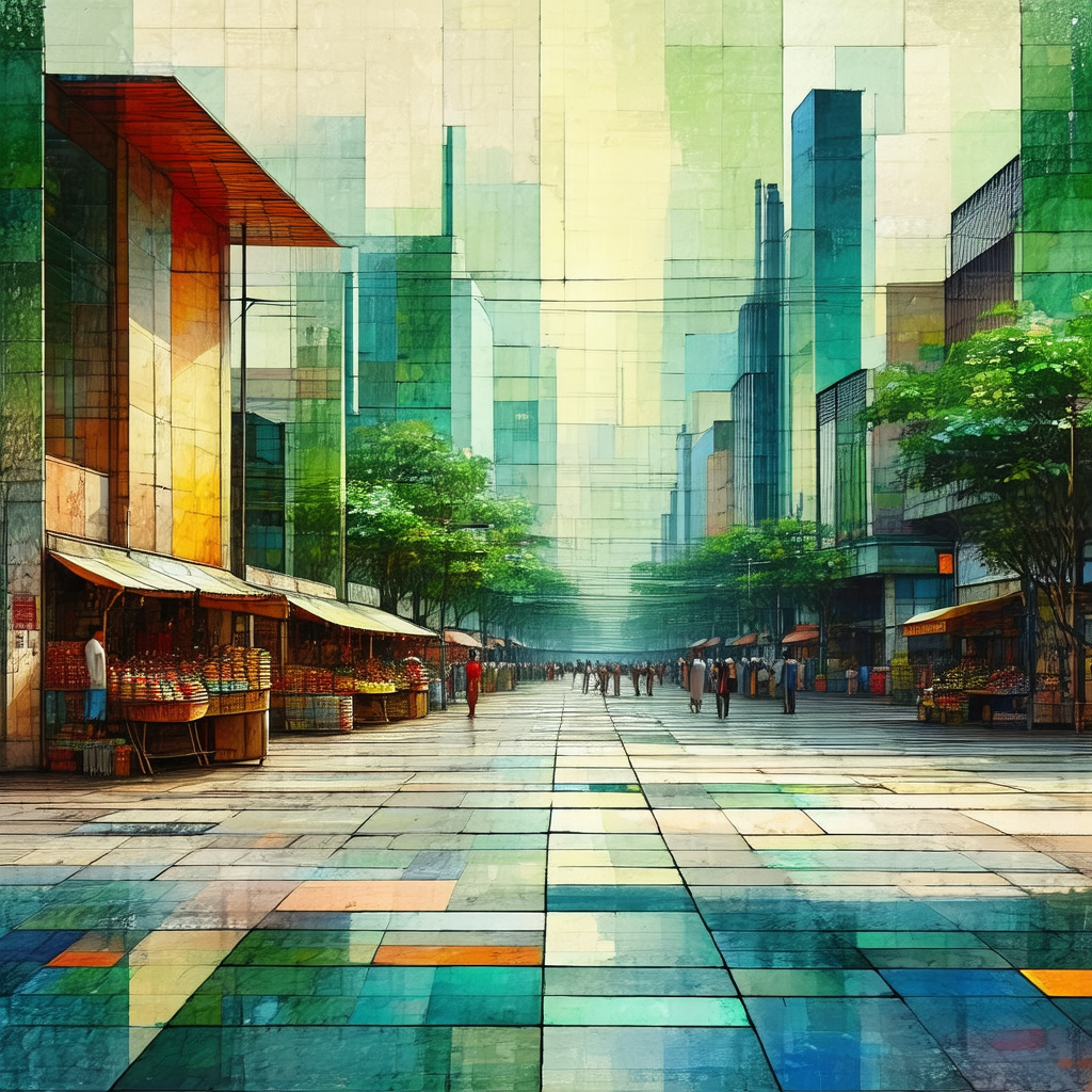 Bustling city street filled with people walking and standing