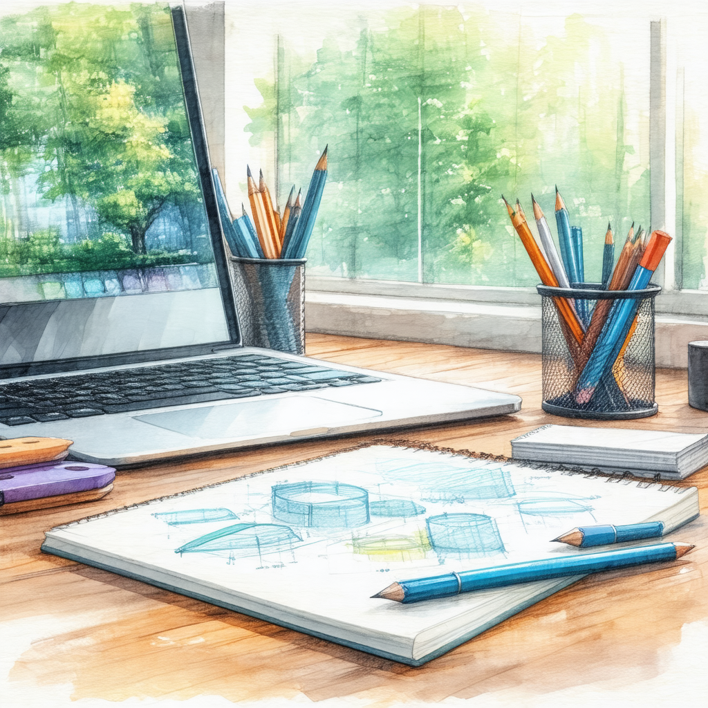 Wooden desk with a laptop computer sitting on top of it