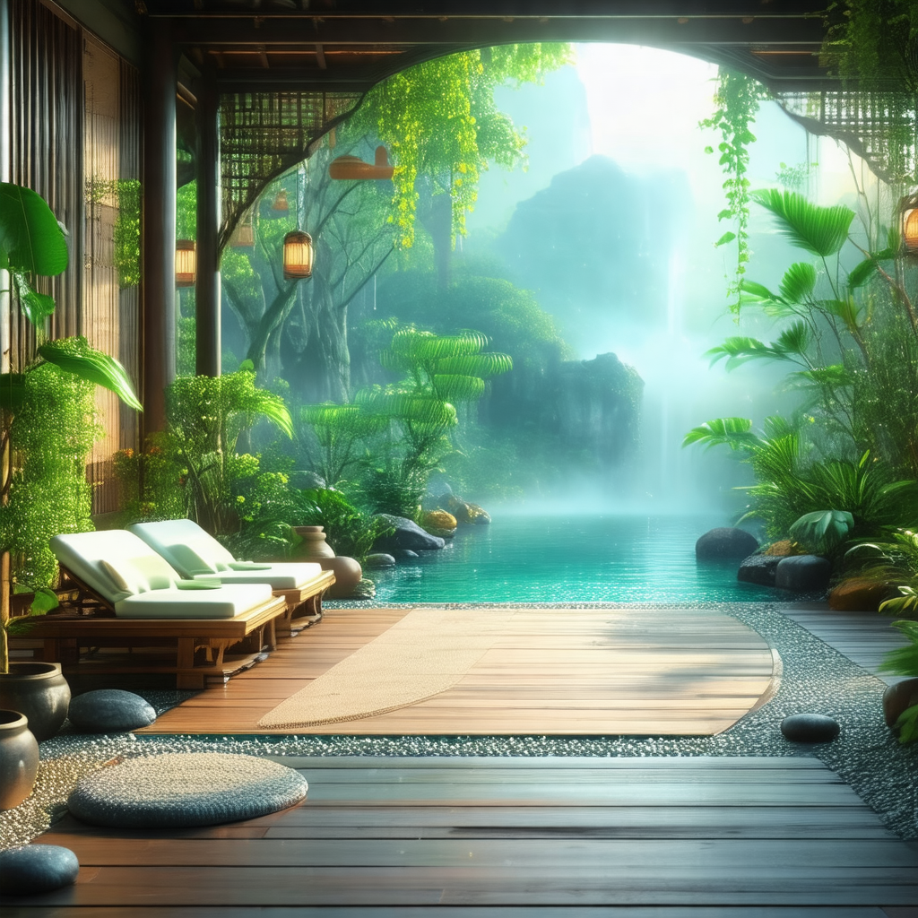 Serene scene of a wooden deck overlooking a beautiful wat...