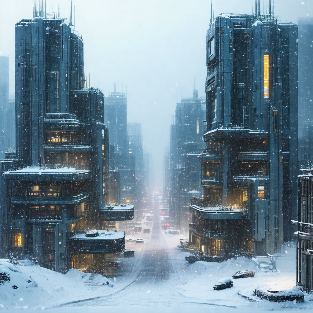 Snowy city street with two tall buildings on either side
