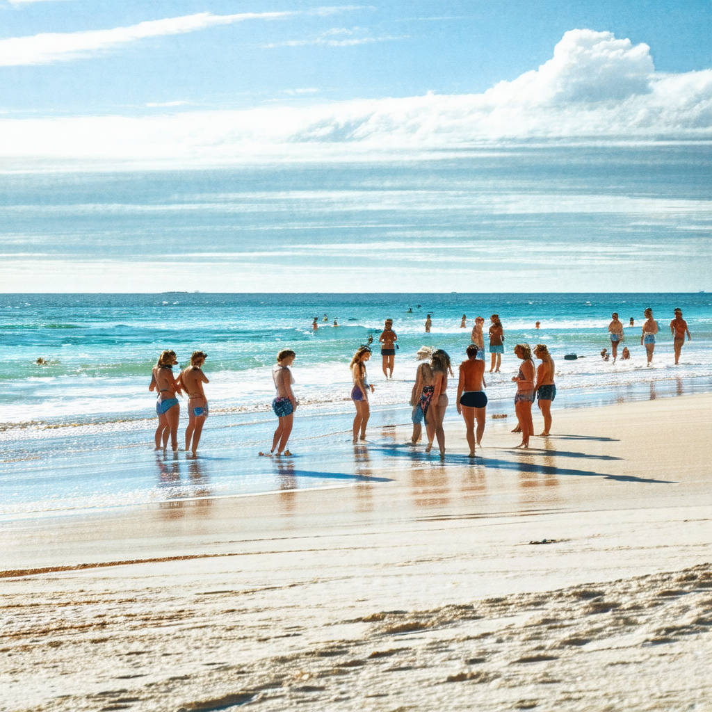 Captures a lively beach scene with a large group of peopl...
