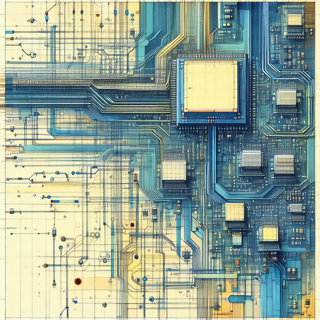 Blue and yellow drawing of a computer circuit board