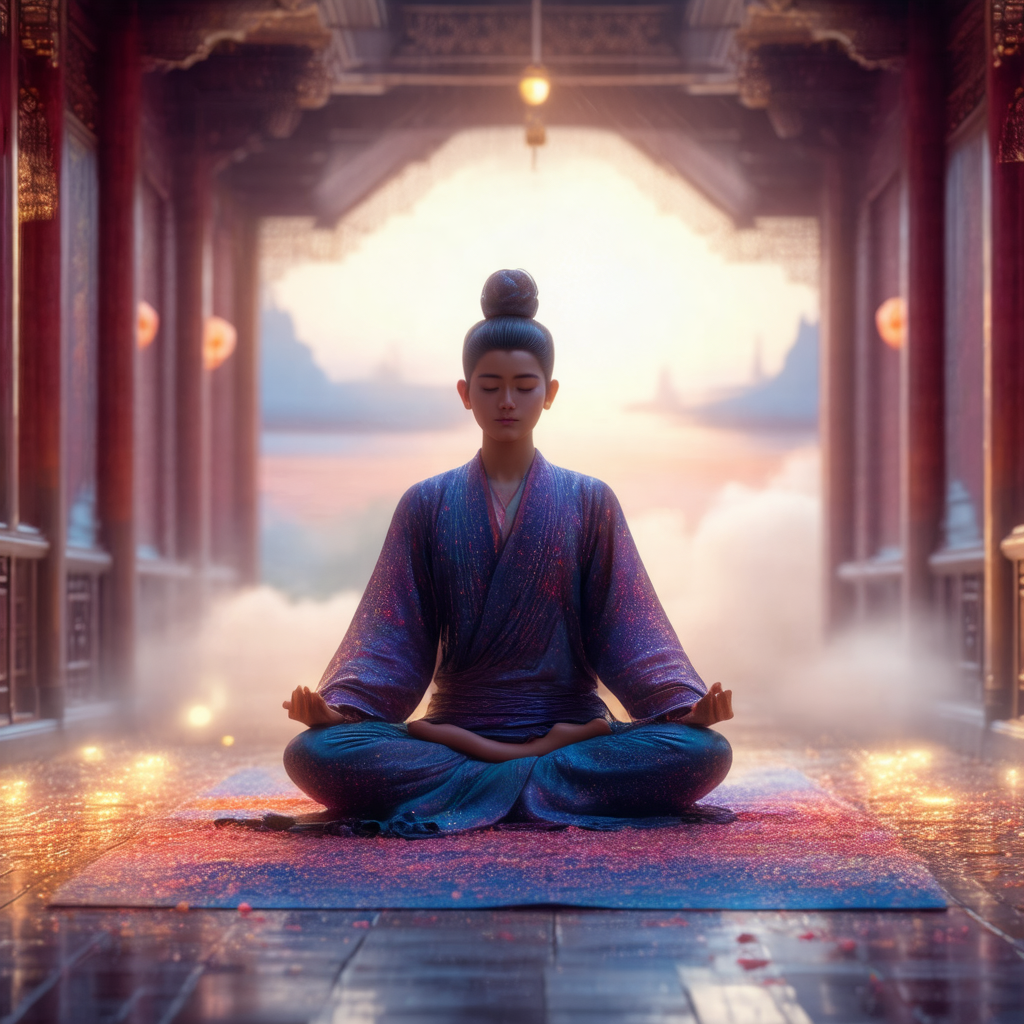 Woman sitting on a rug in a room, possibly a temple or a ...